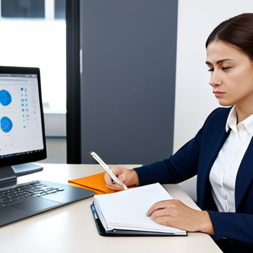 Home 4 A professional woman, fully clothed in a modest business suit, sits attentively at a sleek desk in a bright, modern office. She is focused on a high-resolution video playing on her laptop screen, meticulously observing human expressions and non-verbal cues. A notebook lies open beside her, suggesting active learning and detailed note-taking. Her posture is natural, conveying deep concentration and an empathetic understanding of the visual content. The environment is clean and organized, fostering an atmosphere of dedicated study. safe for work, appropriate content, professional, perfect anatomy, correct proportions, well-formed hands, proper finger count, natural body proportions, professional photography, high quality, realistic, detailed.