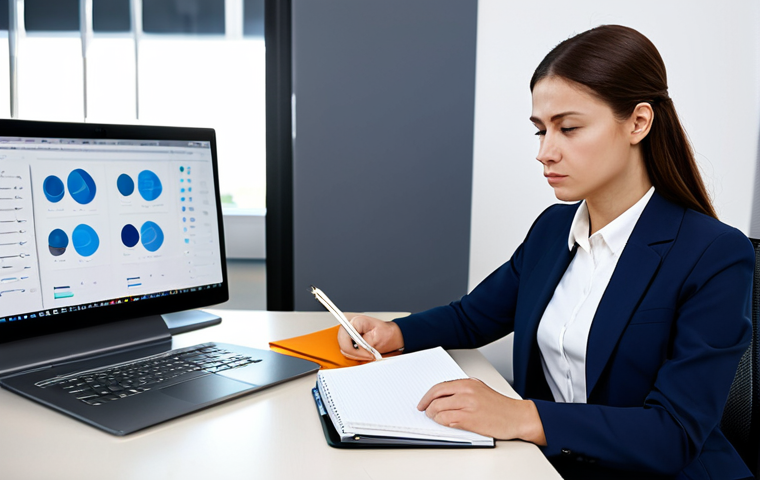A professional woman, fully clothed in a modest business suit, sits attentively at a sleek desk in a bright, modern office. She is focused on a high-resolution video playing on her laptop screen, meticulously observing human expressions and non-verbal cues. A notebook lies open beside her, suggesting active learning and detailed note-taking. Her posture is natural, conveying deep concentration and an empathetic understanding of the visual content. The environment is clean and organized, fostering an atmosphere of dedicated study. safe for work, appropriate content, professional, perfect anatomy, correct proportions, well-formed hands, proper finger count, natural body proportions, professional photography, high quality, realistic, detailed.