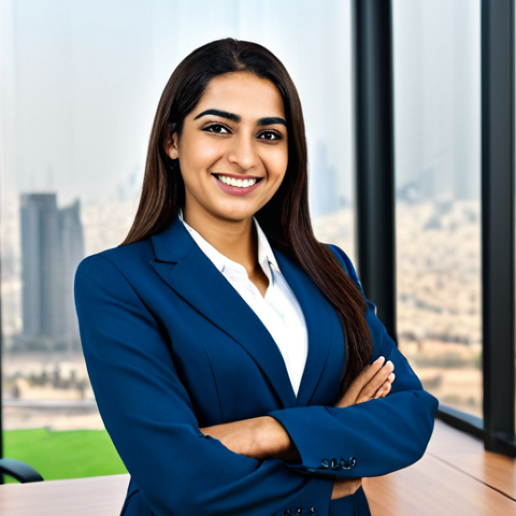 **
"A professional Arab businesswoman in a modern office setting, fully clothed in a modest, stylish business suit, appropriate attire for a corporate environment, safe for work. She is smiling confidently. Background includes a cityscape view through a large window. Perfect anatomy, correct proportions, natural pose, well-formed hands, proper finger count, natural body proportions, high quality, professional photography."
**