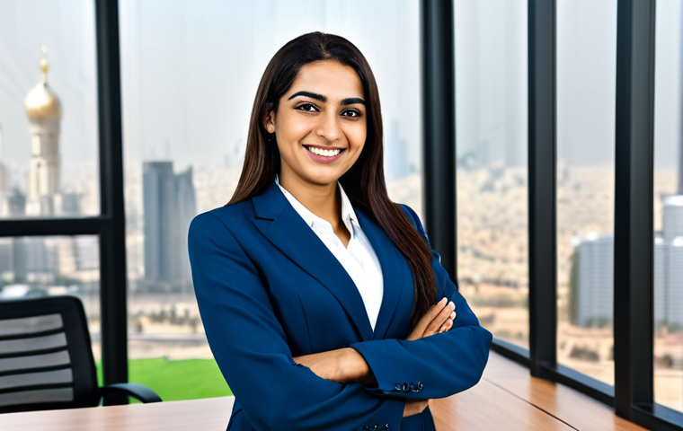 **

"A professional Arab businesswoman in a modern office setting, fully clothed in a modest, stylish business suit, appropriate attire for a corporate environment, safe for work. She is smiling confidently. Background includes a cityscape view through a large window. Perfect anatomy, correct proportions, natural pose, well-formed hands, proper finger count, natural body proportions, high quality, professional photography."

**