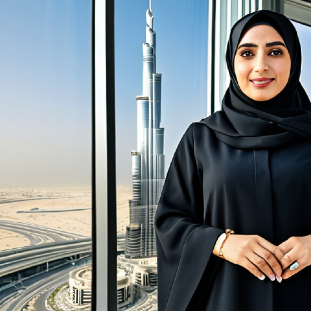 **Image of a successful Arab businesswoman**: A professional Arab businesswoman in a modest, well-tailored abaya and hijab, standing confidently in a modern Dubai office building with Burj Khalifa in the background, fully clothed, appropriate attire, safe for work, perfect anatomy, natural proportions, professional photography, high quality, family-friendly.