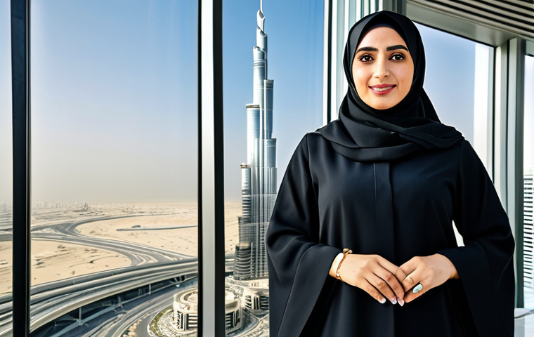 **Image of a successful Arab businesswoman**: A professional Arab businesswoman in a modest, well-tailored abaya and hijab, standing confidently in a modern Dubai office building with Burj Khalifa in the background, fully clothed, appropriate attire, safe for work, perfect anatomy, natural proportions, professional photography, high quality, family-friendly.