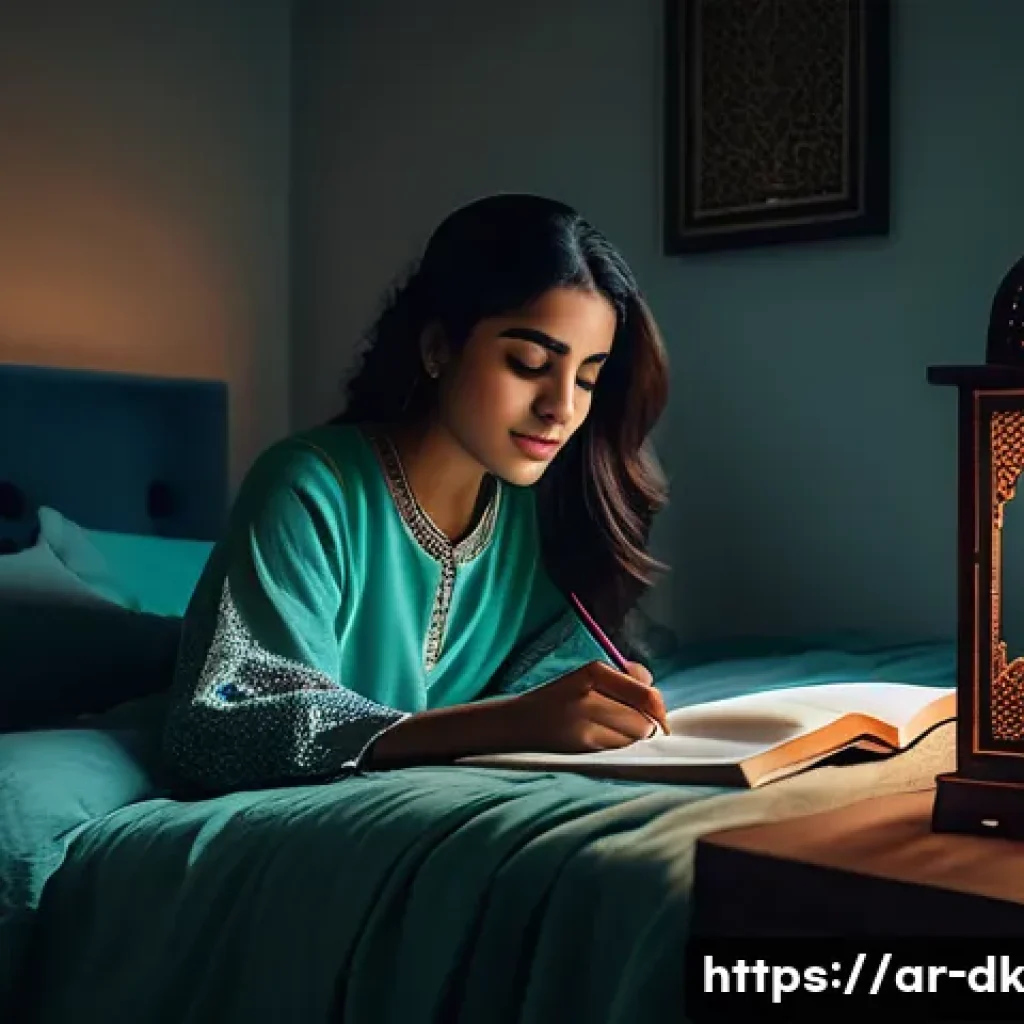 정서 인식 향상을 위한 성찰일지 작성법 - A peaceful, cozy bedroom scene at night in a modern Middle Eastern home, featuring a young Arab adul...