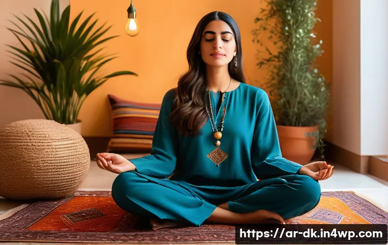 정서 인식 능력 향상을 위한 워크숍 - A serene Middle Eastern woman in her 30s sitting cross-legged on a traditional Persian rug inside a ...