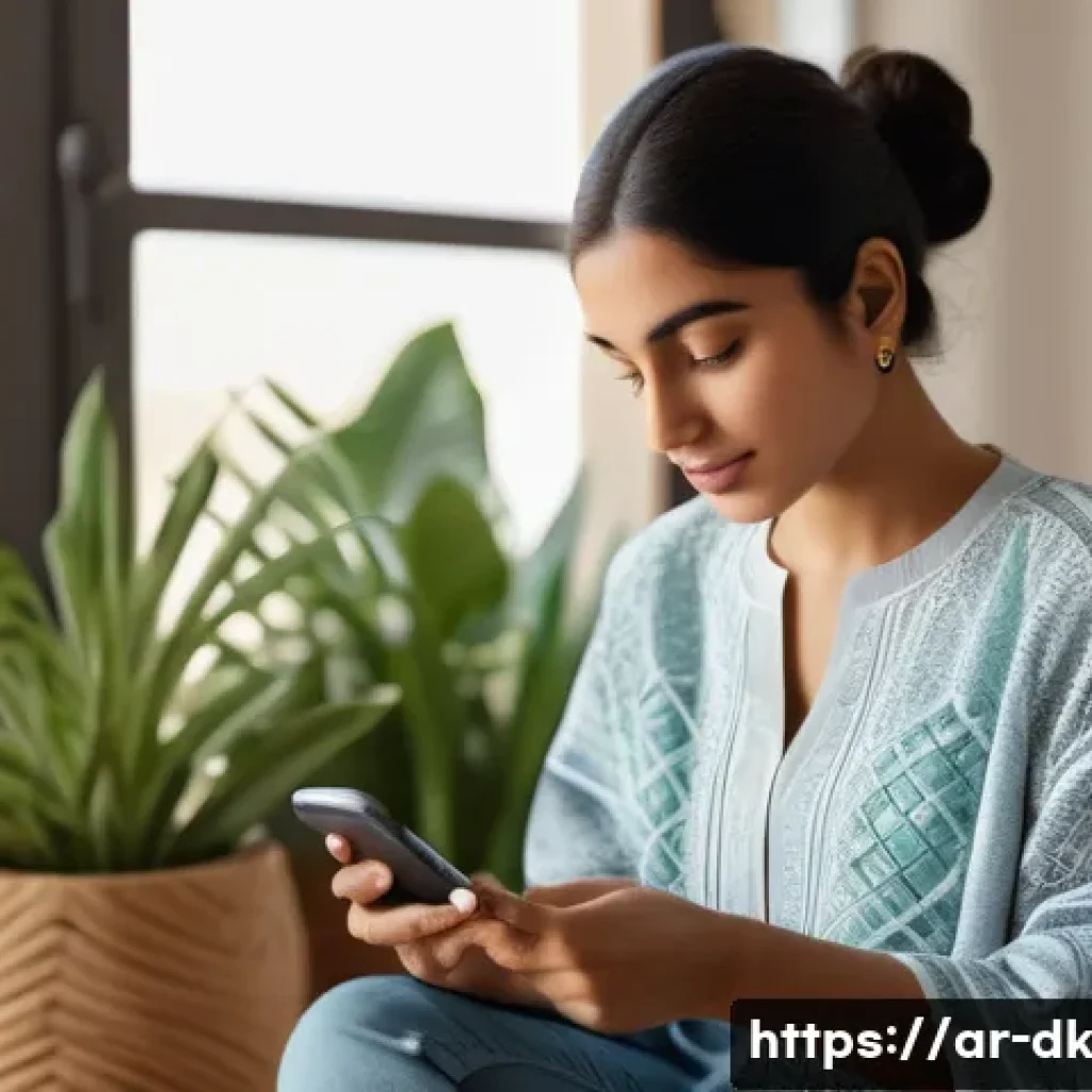 정서 인식 훈련을 위한 앱 추천 - A serene Middle Eastern woman in modern casual attire using a sleek smartphone app focused on emotio...