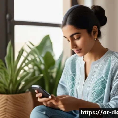 Home 31 정서 인식 훈련을 위한 앱 추천 - A serene Middle Eastern woman in modern casual attire using a sleek smartphone app focused on emotio...