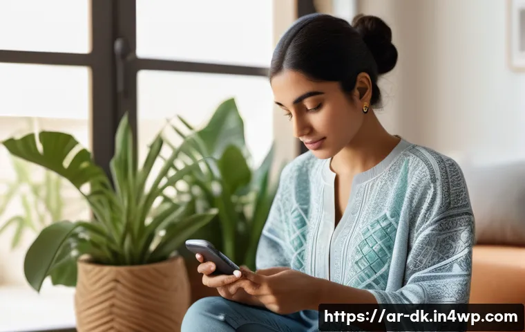 정서 인식 훈련을 위한 앱 추천 - A serene Middle Eastern woman in modern casual attire using a sleek smartphone app focused on emotio...