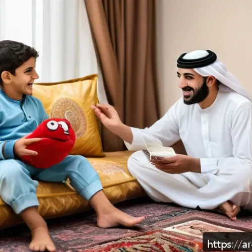 Home 30 정서 인식 향상을 위한 다양한 놀이법 - A warm, vibrant scene in a traditional Middle Eastern living room where an Arab father and his young...