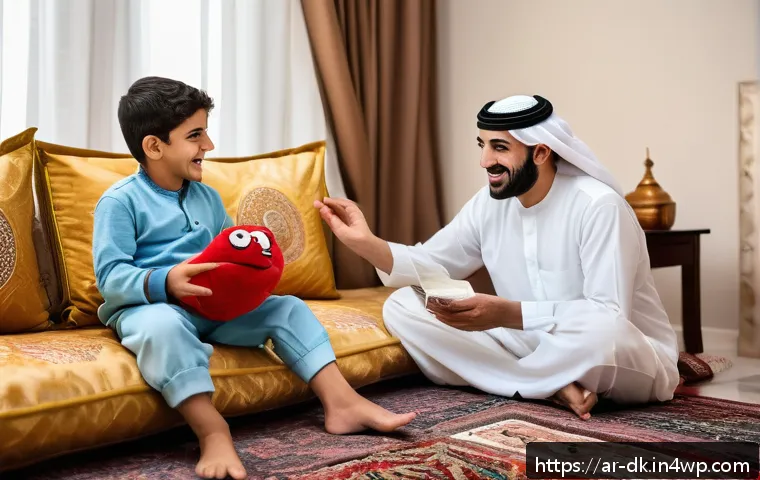 정서 인식 향상을 위한 다양한 놀이법 - A warm, vibrant scene in a traditional Middle Eastern living room where an Arab father and his young...