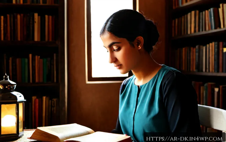 Home 17 정서 인식 향상을 위한 독서 리스트 - Photorealistic cozy Arab family library scene, a young Arab woman in modest contemporary clothing se...