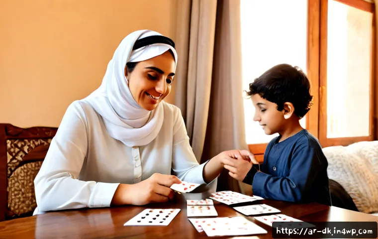 정서 인식 향상을 위한 감정 카드 활용법 - Photorealistic warm family learning scene in a bright Arab home, a mother wearing modest contemporar...